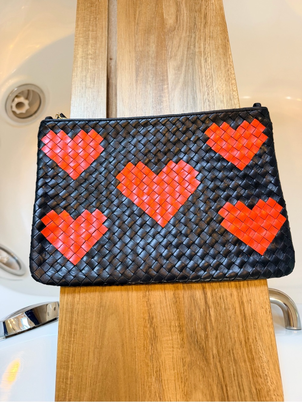 Clare V Flat Clutch w/ Tabs Twilight Navy/Bright Poppy Hearts Diagonal Woven NWT